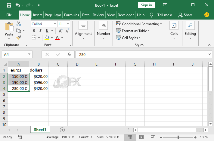 Excel currency symbols