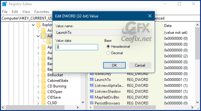 Set Default Folder When Opening Explorer in Windows 10