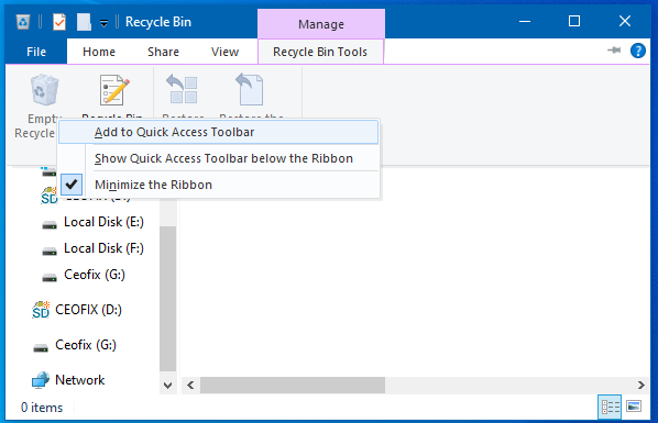 How to add “Empty Recycle Bin” to Quick Access Toolbar