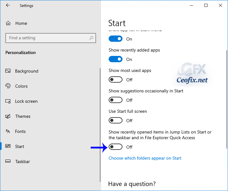 Turn On or Off "Recent Items" and "Frequent Places" for Current User in Settings app