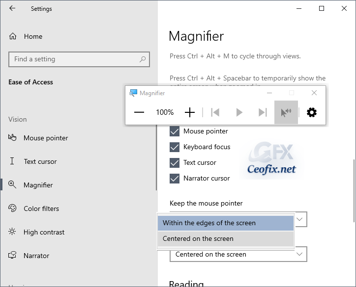 Keep Magnifier mouse cursor in center of screen in Windows