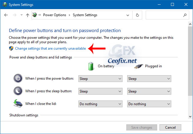 Power options-Change settings that are currently unavailable- windows 10