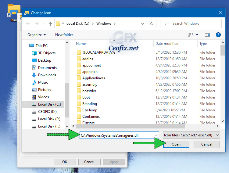 Change Icon window, browse to select the file