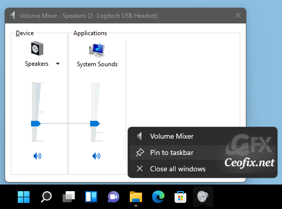 Volume Mixer app. Select Pin to Taskbar