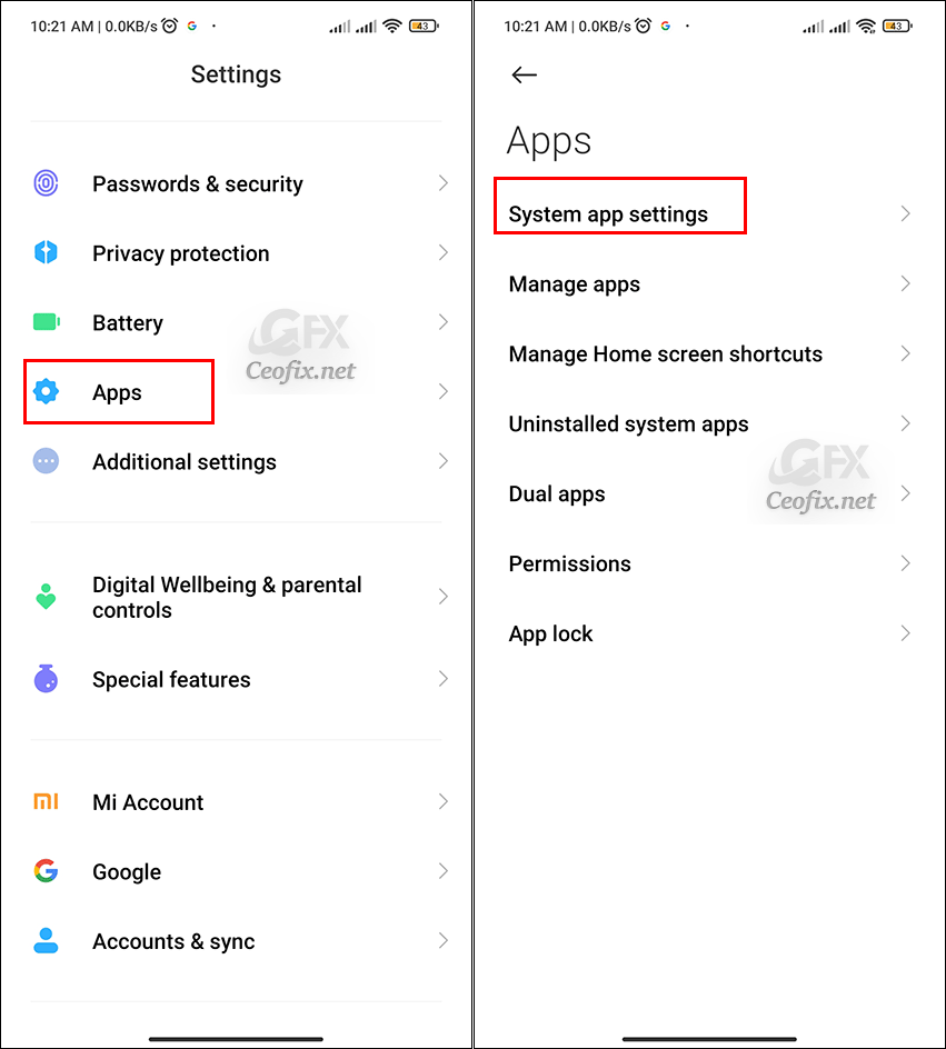 System app settings