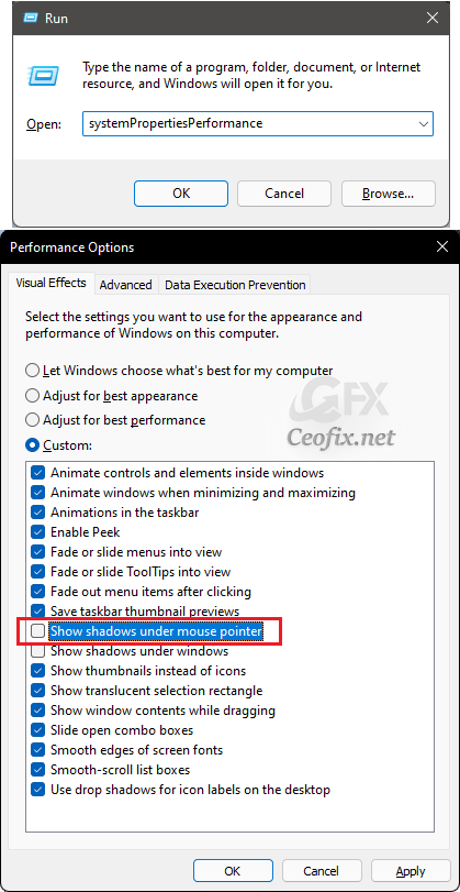 Disable or enable Windows Mouse Pointer Shadow feature
