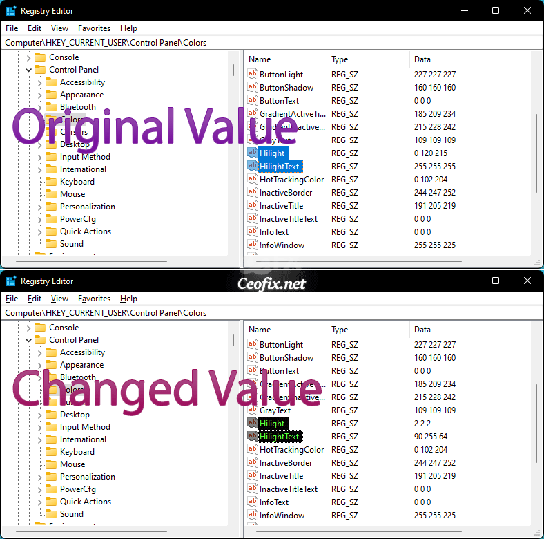Change highlighted Color and highlighted text in Windows